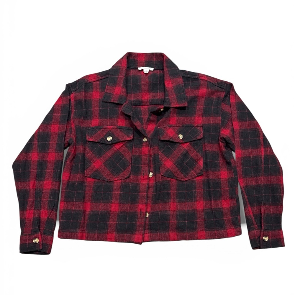 beachlunchlounge Red and Black Plaid Utility Jacket